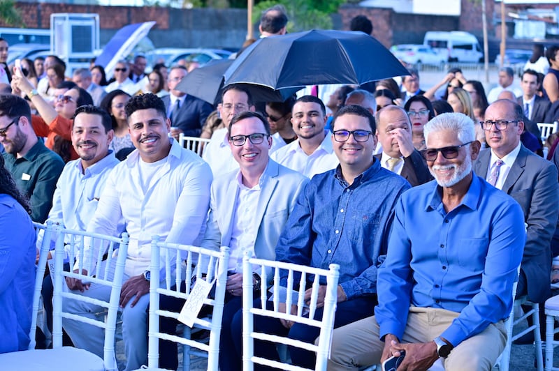 A group of guests smiles during the groundbreaking ceremony for the Maceió Brazil Temple in Maceió, Brazil.