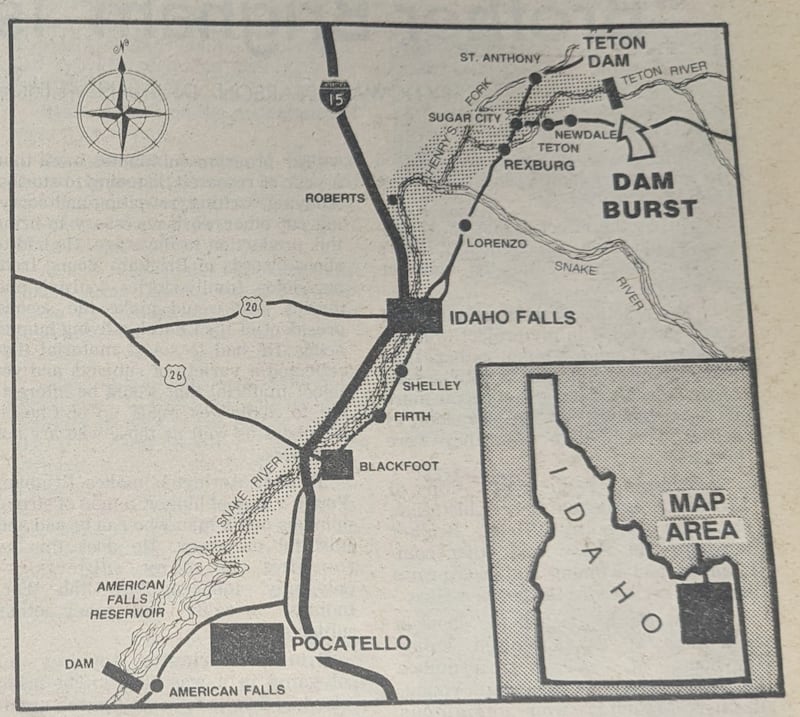 A map from the Church News June 12, 1976, edition shows the path of the Teton Dam flood, which ruptured on June 5, 1976.