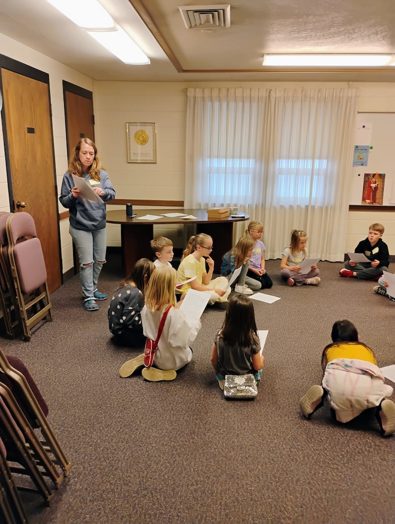 Valiant-age children in the Orem Utah Stake study their skit about story in the Old Testament during a Primary activity in Orem, Utah, on March 14, 2026.
