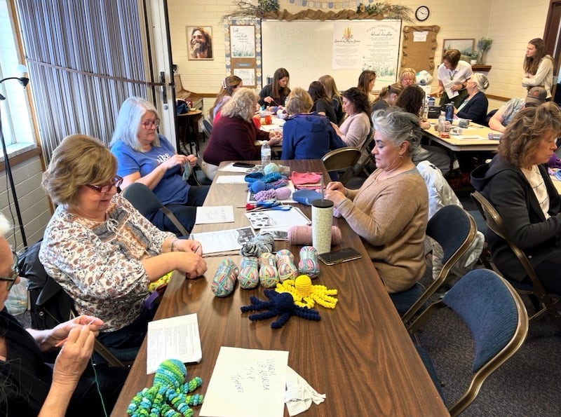 Members of the Reno Nevada Stake crochet octopuses and other baby items for Close Knit Friends to donate to preemie babies at local NICUs in February 2025 in Reno, Nevada.