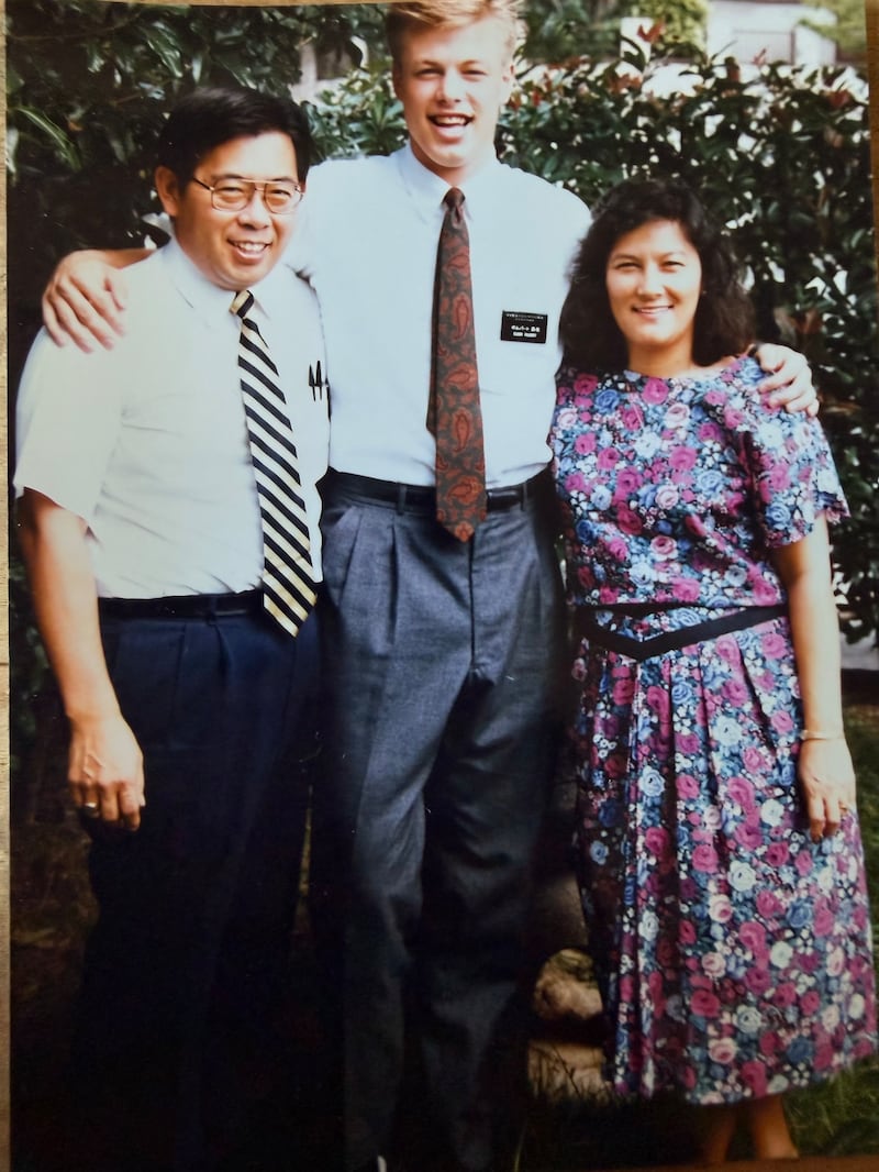 Elder Clark G. Gilbert is photographed as a young adult with his mission leaders, Doug and Michi Matsumori. Elder Gilbert served in the Japan Kobe Mission from 1989 to 1991.