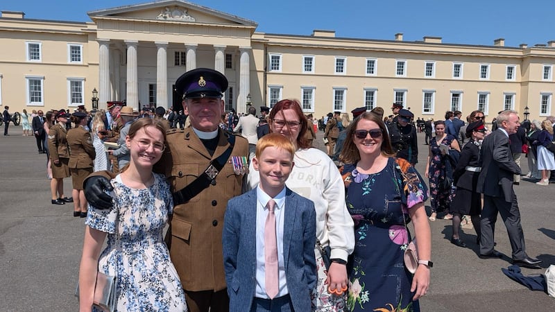 Chaplain Capt. Jonathan Bleakley, in uniform, became one of the first two Latter-day Saint chaplains in the British Army when he completed training at the Royal Military Academy Sandhurst in Berkshire, England, on July 18, 2026. He is pictured with his family members, left to right: Grace Bleakley, Benjamin Bleakley, Eve Bleakley, and his wife, Jennie Bleakley.
