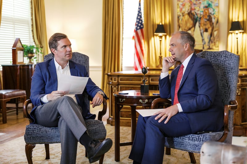 Elder Nathan A. Craig, an Area Seventy who will begin serving as a mission leader in July 2026, right, meets with Kentucky Gov. Andy Beshear, left, on March 10, 2026.