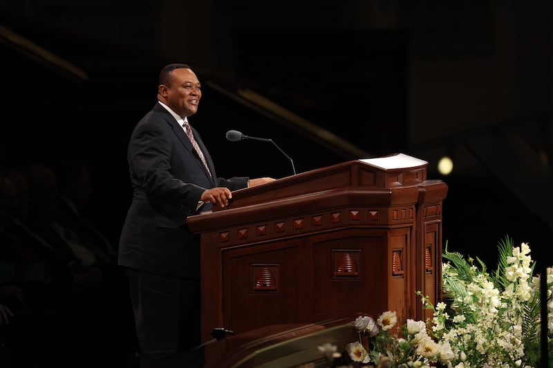 Elder Thierry K. Mutombo, General Authority Seventy, speaks during the Sunday morning session of the 196th Annual General Conference of The Church of Jesus Christ of Latter-day Saints in the Conference Center in Salt Lake City on April 5, 2026.