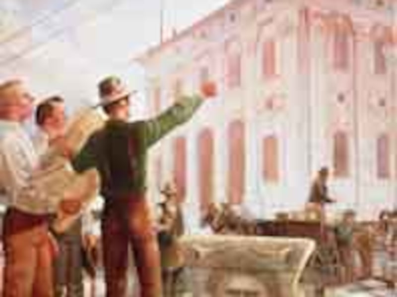 In painting by Gary Smith, Joseph Smith views work on Nauvoo Temple.