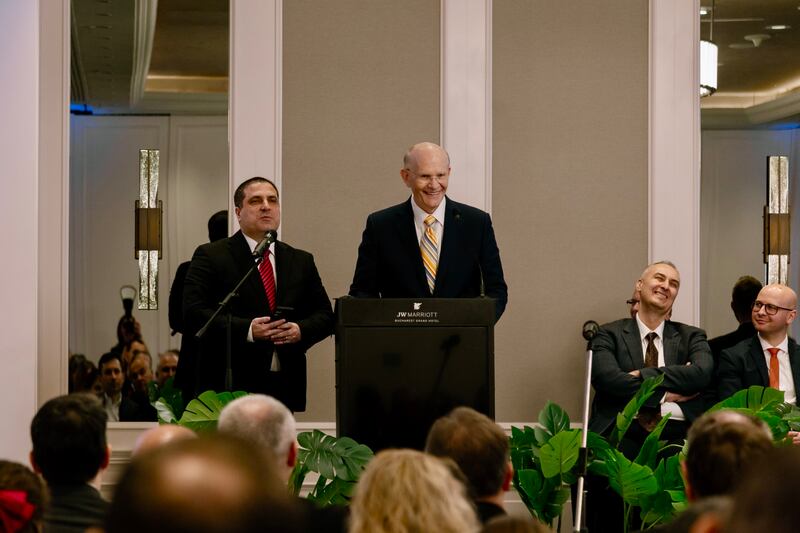 Elder Dale G. Renlund of the Quorum of the Twelve Apostles addresses the members and friends at the Romania Bucharest District Conference on Feb. 22, 2026.