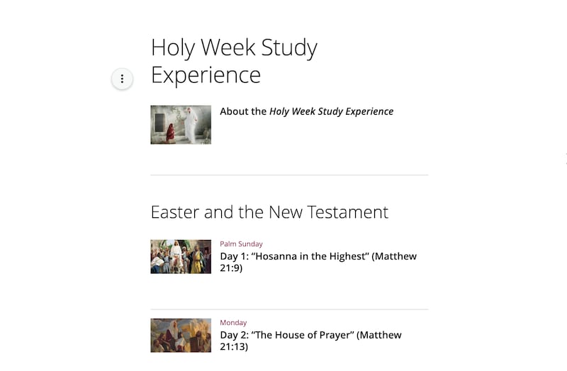A screenshot of the "Holy Week study experience" resource from The Church of Jesus Christ of Latter-day Saints.