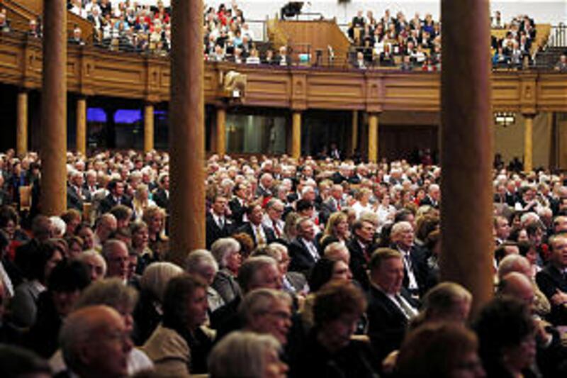 A devotional for Bountiful Utah Temple workers inside the Tabernacle on Temple Square.