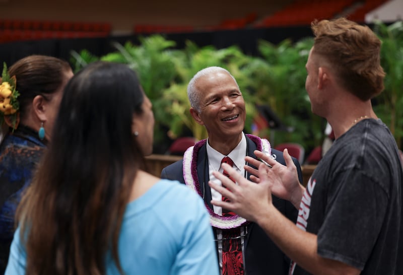 Elder John D. Amos, a General Authority Seventy, talks with students following BYU–Hawaii devotional held in the Cannon Activities Center in Laie, Hawaii, on Feb. 3, 2026.