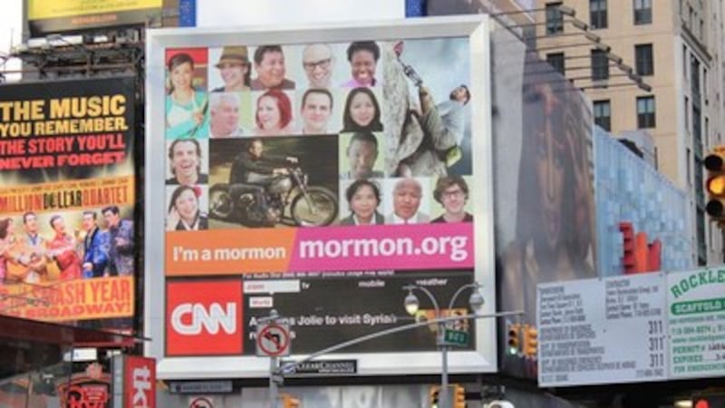 A video billboard in Times Square in New York City displays "I'm a Mormon" ad.