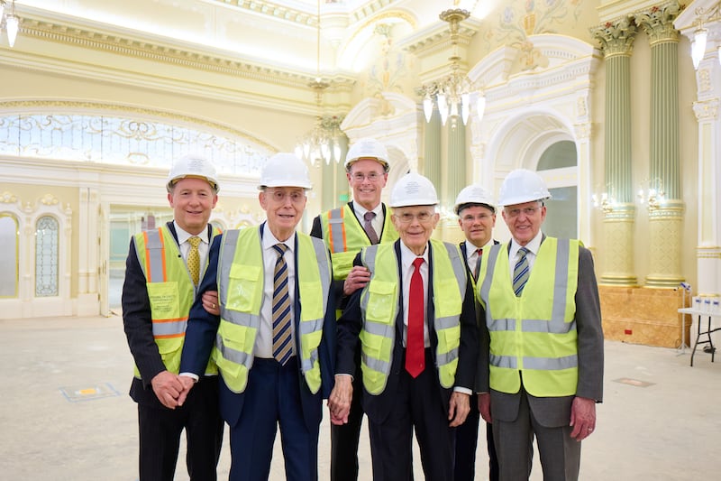 Members of the First Presidency and the Presiding Bishopric of The Church of Jesus Christ of Latter-day Saints tour the celestial room of the Salt Lake Temple.