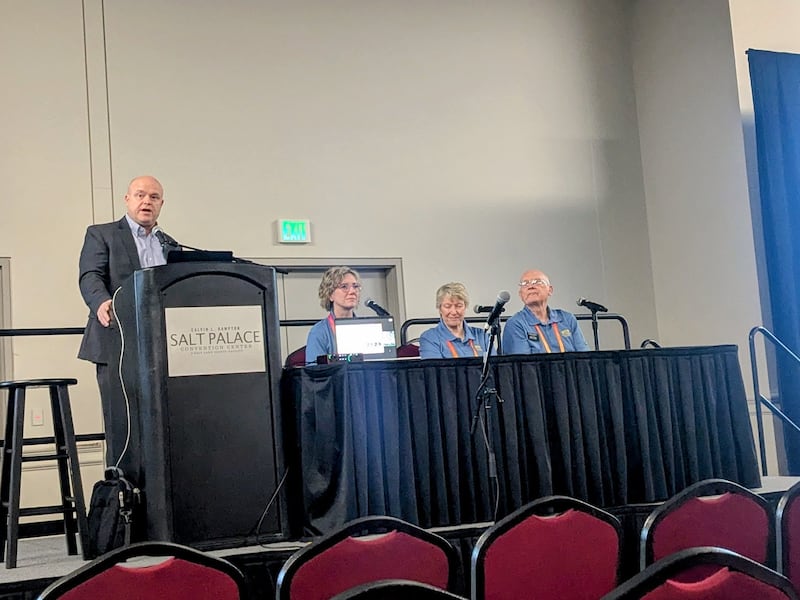 Matt Richards, BYU–Pathway Worldwide international area manager, and student panelists discuss family history research certificates and degrees during a RootsTech session held in the Salt Palace Convention Center in Salt Lake City on Thursday, March 5, 2026.