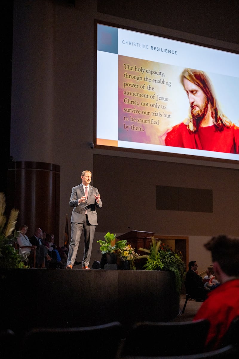 Elder Mark A. Bragg speaks while looking at the image of Christ on the screen at BYU-Idaho on Tuesday, June 2, 2026.
