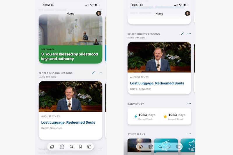 Screenshots from the Gospel Library app show the Elders Quorum Lessons card in the home screen, left, and the Relief Society Lessons card in the home screen, right, for a general conference talk to be studied in August 2026.