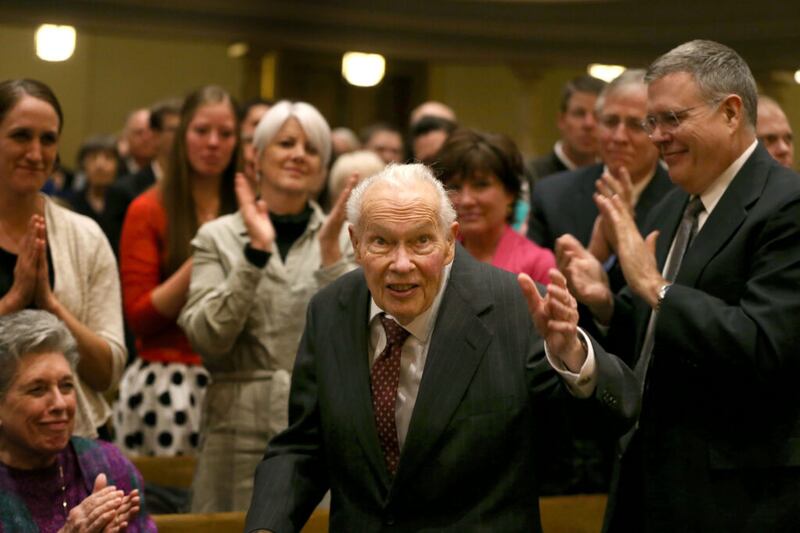 Robert Cundick acknowledges the audience’s applause at the Robert Cundick Tribute Concert at the Assembly Hall on Temple Square in Salt Lake City on Saturday, May 9, 2015.