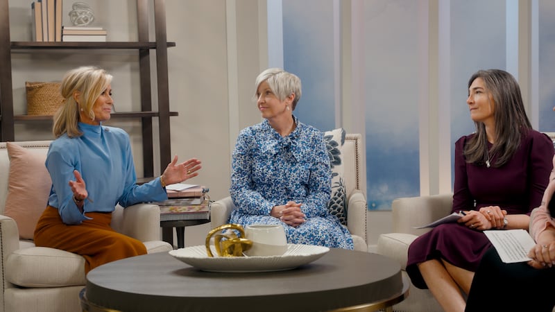 Members of the Young Women general presidency — Sister Tamara W. Runia, first counselor, left; President Emily Belle Freeman, center; and Sister Andrea Muñoz Spannaus, second counselor, right — speak Wednesday, April 22, 2026, on the Church News podcast.
