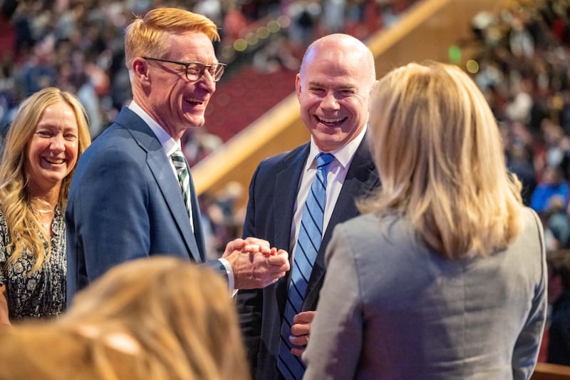 Elder Aaron T. Hall, General Authority Seventy, and his wife, Sister Kimberly Hall, left, talk with BYU–Idaho President Alvin F. Meredith III and his wife, Sister Jennifer Meredith, after giving a devotional address to BYU–Idaho students in Rexburg, Idaho, on Tuesday, March 3, 2026.