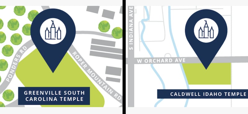 Site maps for the Greenville South Carolina Temple, left, and Caldwell Idaho Temple, right.