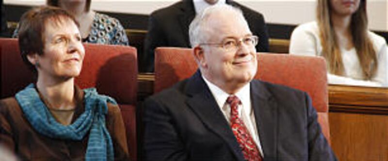 Elder Paul V. Johnson of the Seventy and his wife, Jill, before the devotional assembly address on F