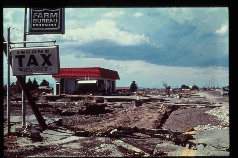 Photo from June 1976 shows how the wall of water from the Teton Dam break caused roads to erode, collapse or move.