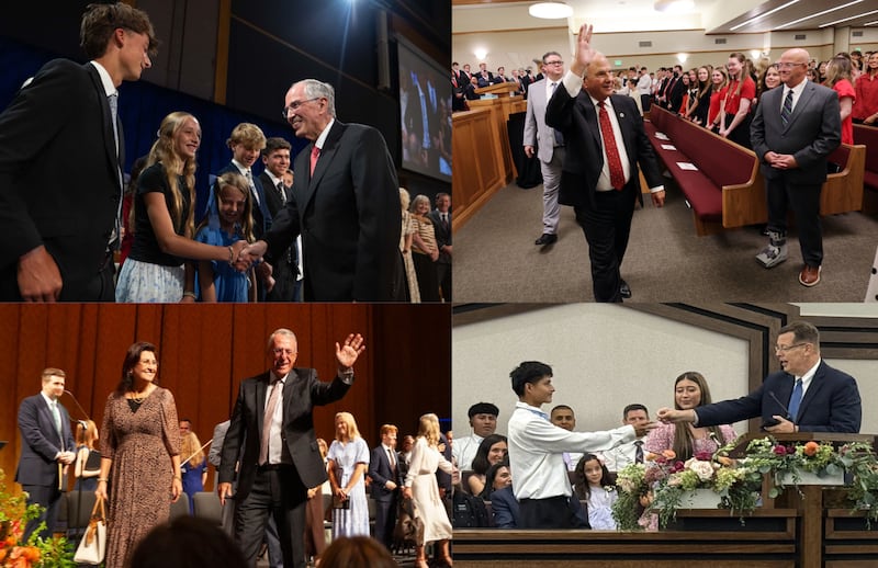 A composite of four photos with Elder Neil L. Andersen, Elder Ronald A. Rasband, Elder Ulisses Soares and Elder Clark G. Gilbert speaking to different groups in Provo, Utah, Salt Lake City, New York City and Chicago.
