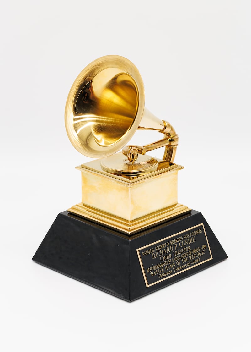 The Grammy Award, which looks like a vintage gramophone, notes it was presented to Richard P. Condie for the Tabernacle Choir at Temple's Square recording of "Battle Hymn of the Republic."