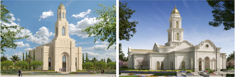 From left to right: Exterior rendering of the Barcelona Spain Temple; An architectural rendering of the Fort Worth Texas Temple.