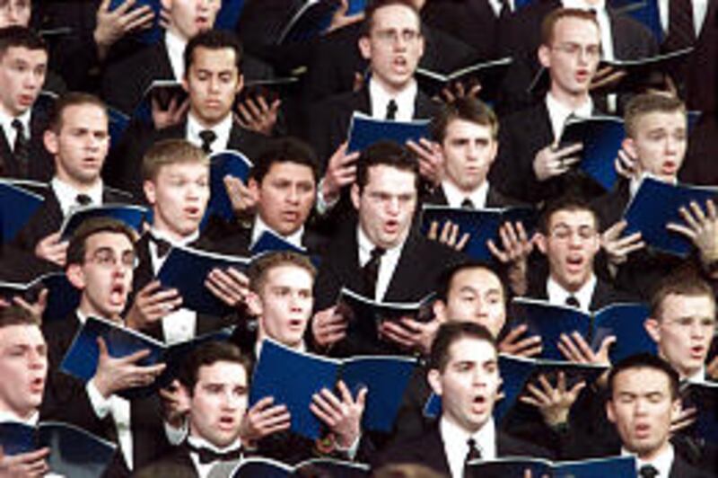 Ricks College singers in Salt Lake Tabernacle. Oratorio draws on New Testament and Book of Mormon.