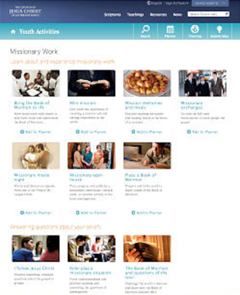 One of the sections of the website shows a list of activities dealing specifically with missionary w