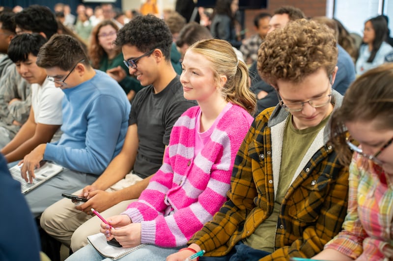 Ensign College students listen to Elder Rubén V. Alliaud during a devotional in Salt Lake City on Tuesday, Sept. 15, 2026.