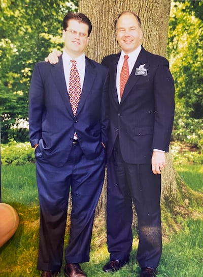 Russell Pratt stands with his mission president, Elder Ronald A. Rasband, outside the New York New York North Mission home in Scarsdale, New York, at the end of his mission in 1998.