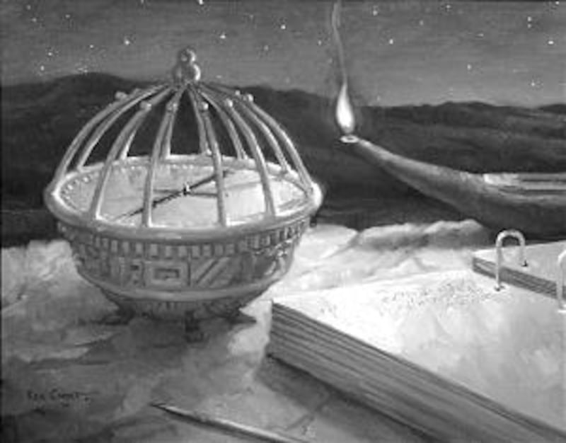 The Liahona and the brass plates are depicted together in this painting by Ken Corbett as they may h