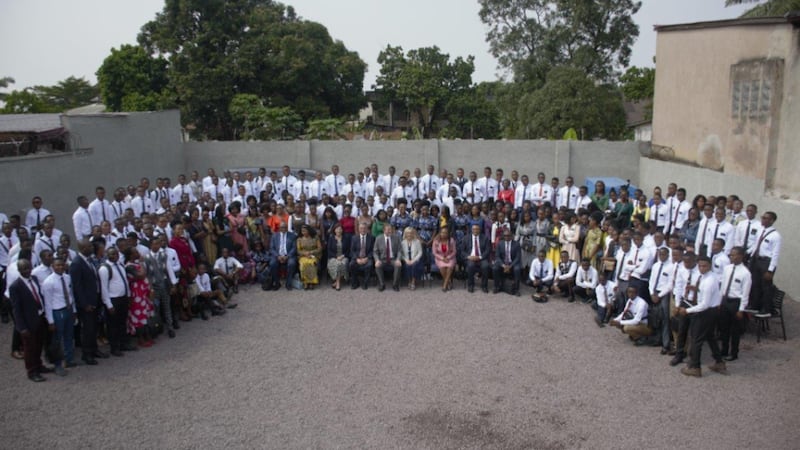 Elder Gary E. Stevenson and other leaders take a group photo with missionaries in Kinshasa, Democratic Republic of the Congo in February 2024.
