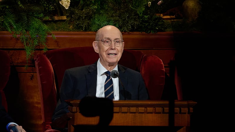 President Henry B. Eyring, first counselor in the First Presidency, speaks during the Saturday morning session of the 196th Annual General Conference of The Church of Jesus Christ of Latter-day Saints in the Conference Center in Salt Lake City on April 4, 2026.