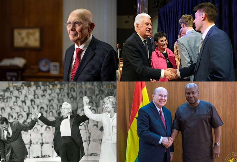 Clockwise from top left: President Dallin H. Oaks, first counselor in the First Presidency of The Church of Jesus Christ of Latter-day Saints, poses for a photo in his office in the Church Administration Building in Salt Lake City on Friday, Sept. 8, 2023; President Dieter F. Uchtdorf, acting president of the Quorum of the Twelve Apostles, and his wife, Sister Harriet Uchtdorf, speak to missionaries after a devotional at the Provo Missionary Training Center in Provo, Utah, on Tuesday, Feb. 17, 2026; Elder Quentin L. Cook of the Quorum of the Twelve Apostles greets the president of Ghana, John Mahama, at the beginning of their meeting in Accra, Ghana, Feb. 17, 2026; Lin de Paula, left, Wany Santos Thrikill, right, are choir members from Brazil. Jerold D. Ottley, director, presents them to audience during The Tabernacle Choir at Temple Square's concerts in São Paulo, Brazil, in May 1981.