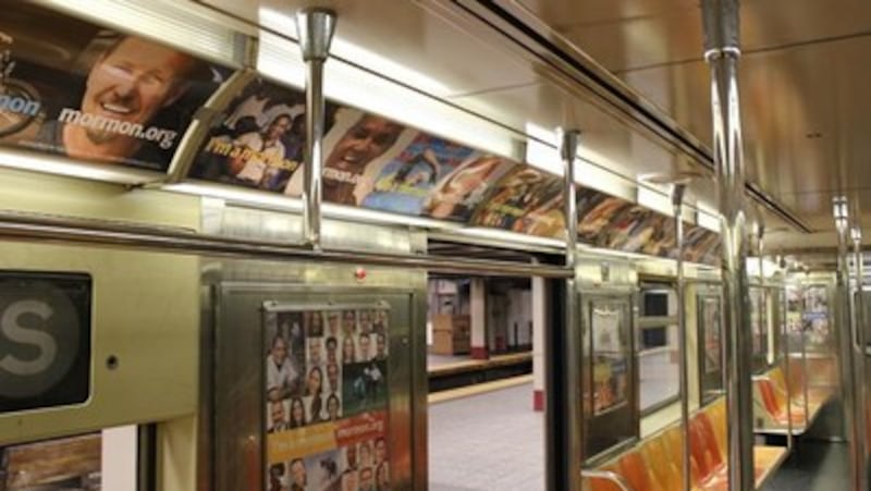 "I'm a Mormon" ads are displayed in New York City Subway cars.