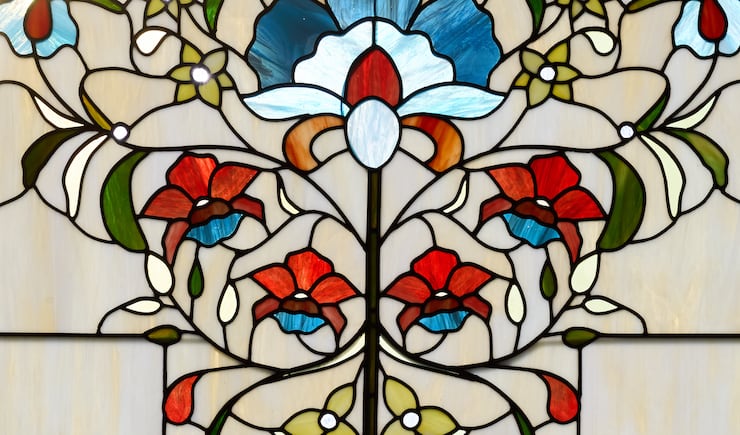 An art-glass design inside the Miraflores Guatemala City Guatemala Temple.