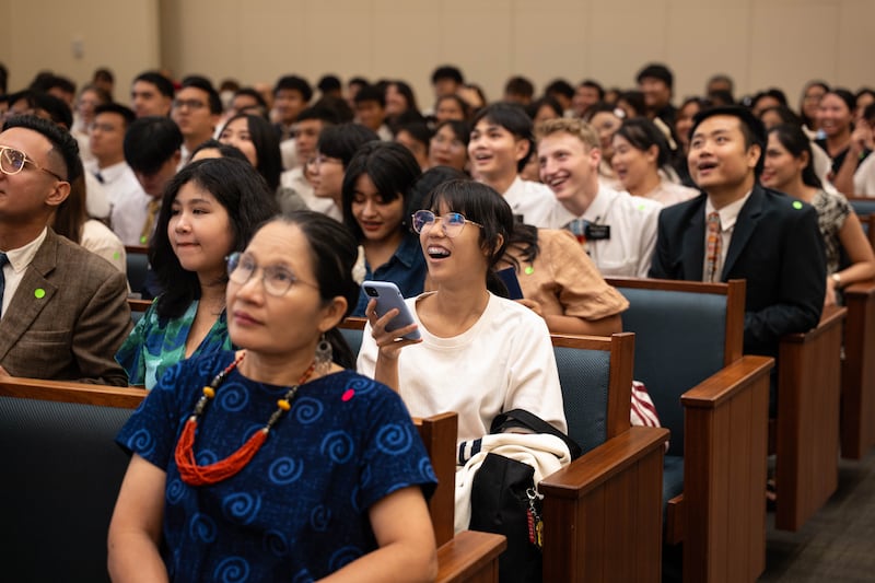 Attendees participate in interactive learning games during the Asia Area education fair information session held in Bangkok, Thailand, Oct. 19, 2025.