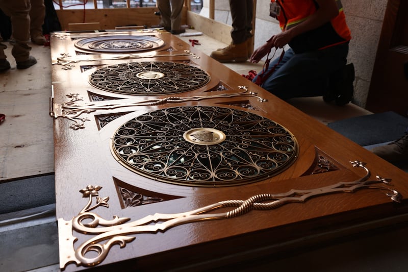 The Salt Lake Temple's renovated east door was installed on Tuesday, June 23, 2026.