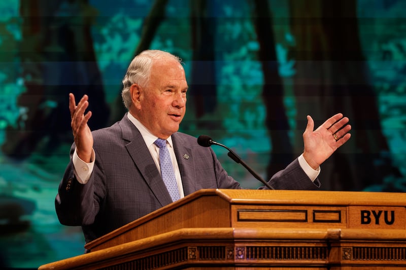 Elder Ronald A. Rasband delivers a devotional address at BYU's Marriott Center on Tuesday, Oct. 27, 2026.