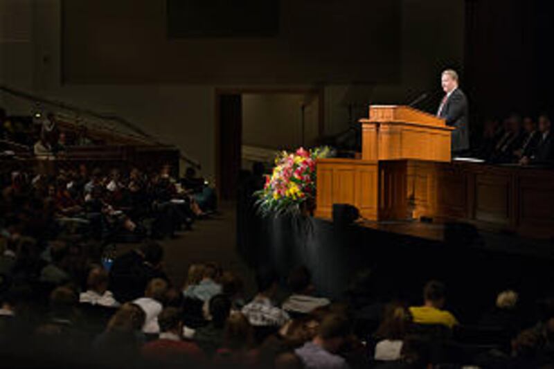 Elder Craig C. Christensen of the Presidency of the Seventy speaks during a campus devotional at Bri
