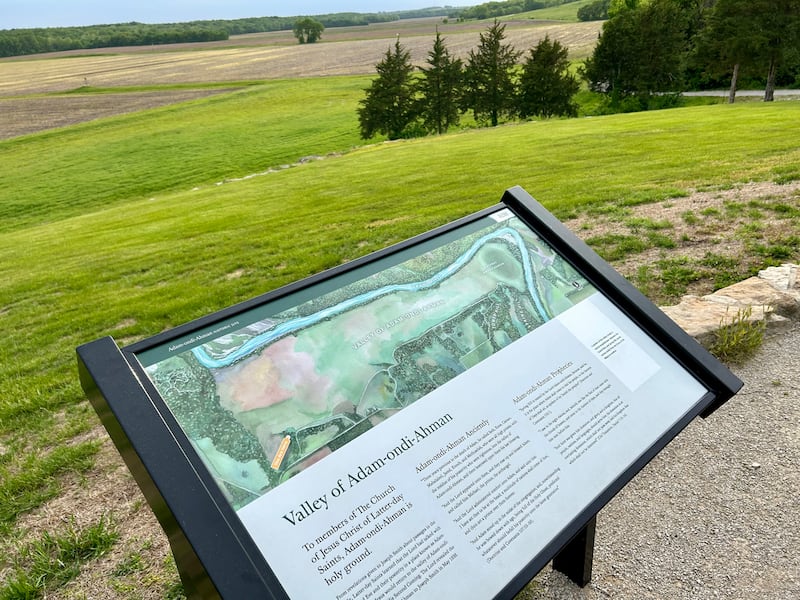 A sign overlooks the Valley of Adam-ondi-Ahman near Jameson, Missouri, in May 2026.