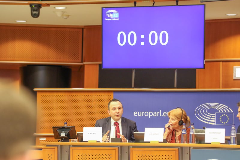 Francesco Di Lillo, Director of The European Union and International Affairs Office of The Church of Jesus Christ of Latter-day Saints, left, delivers his remarks during the “AI, Health and Fundamental Rights: Implementing Europe's Human-Centric Approach” panel on June 9th, 2026 at the European Parliament in Brussels, Belgium.