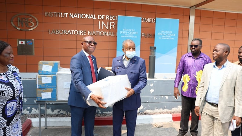 Elder David Ngabizele presents donated health equipment in Kinshasa, Democratic Republic of the Congo, July 16, 2026.