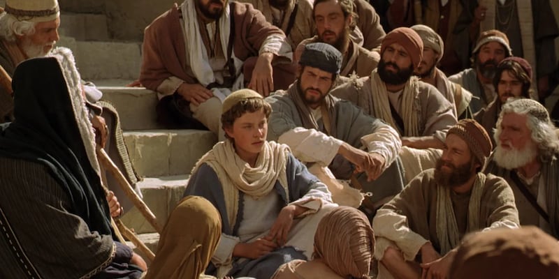 Mary and Joseph find Jesus about His Father's business, teaching in the temple in this image from the Church's Bible Videos depicting Luke 2:40–52.