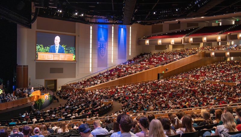 Brigham Young University–Idaho students listen to President Alvin F. Meredith III in a campus devotional on Tuesday, April 21, 2026, in Rexburg, Idaho.