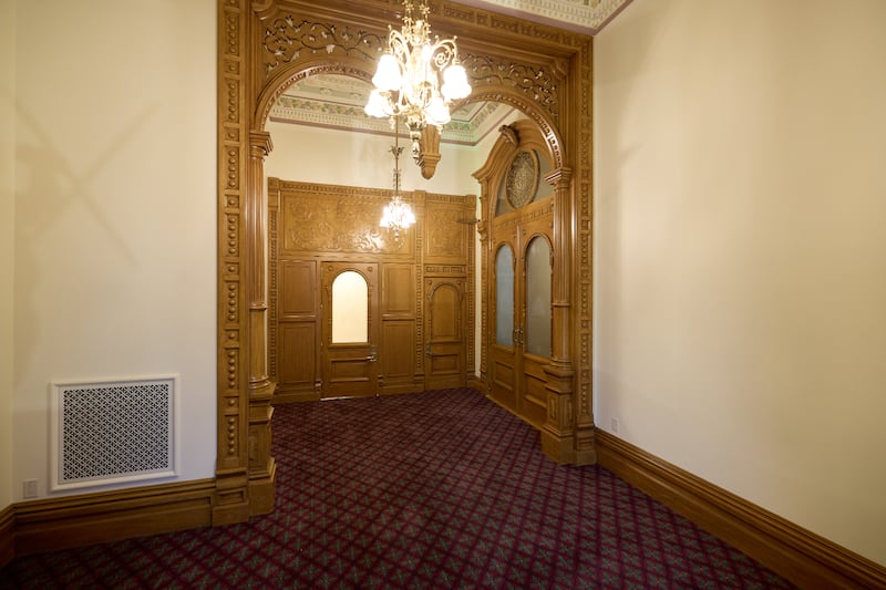 Newly installed carpet in study areas near the celestial room of the Salt Lake Temple in Salt Lake City is shown on Tuesday, June 23, 2026.