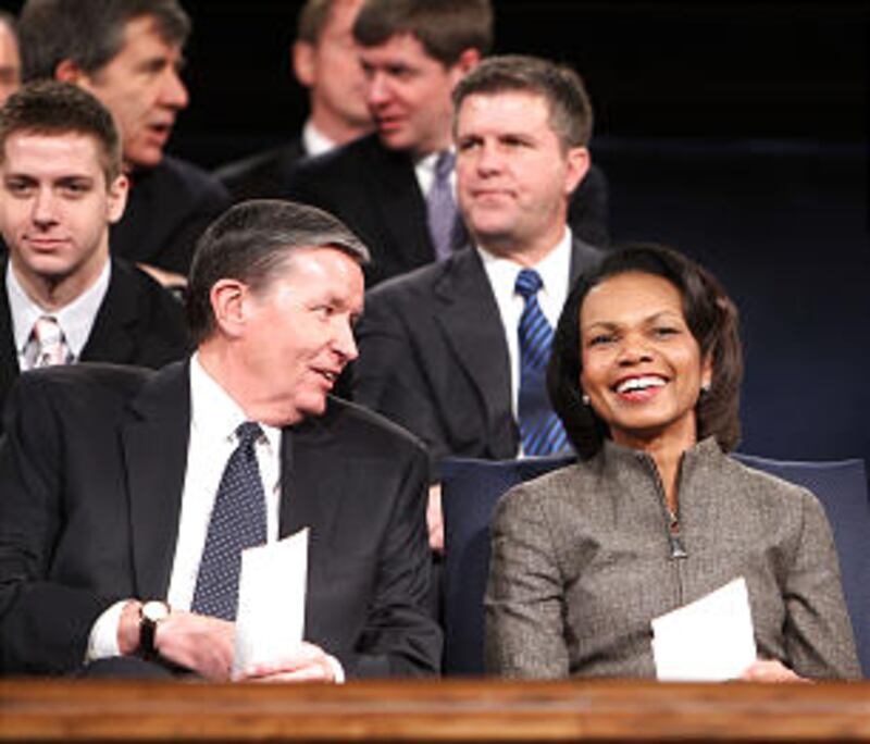 BYU President Cecil O. Samuelson, left, and former Secretary of State Condoleezza Rice smile as they