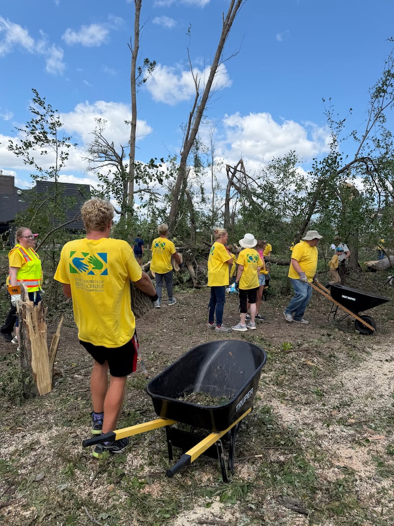 Latter-day Saints and others in northeastern Wisconsin help clear debris in the aftermath of an EF-3 tornado that touched down on July 27, 2026.