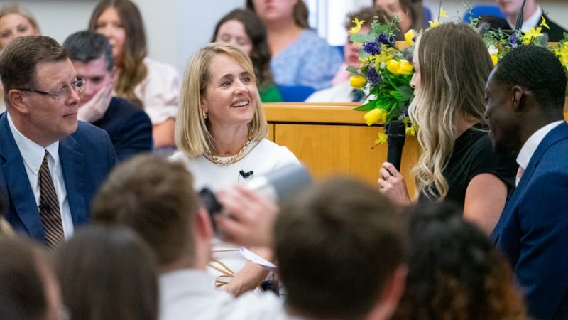 Elder Clark G. Gilbert of the Quorum of the Twelve Apostles, left, and his wife, Sister Christine Gilbert, center, teach young adults on Sunday, May 31, 2026, during the One-by-One Young Adult Conference of The Church of Jesus Christ of Latter-day Saints held in Lancashire, England.